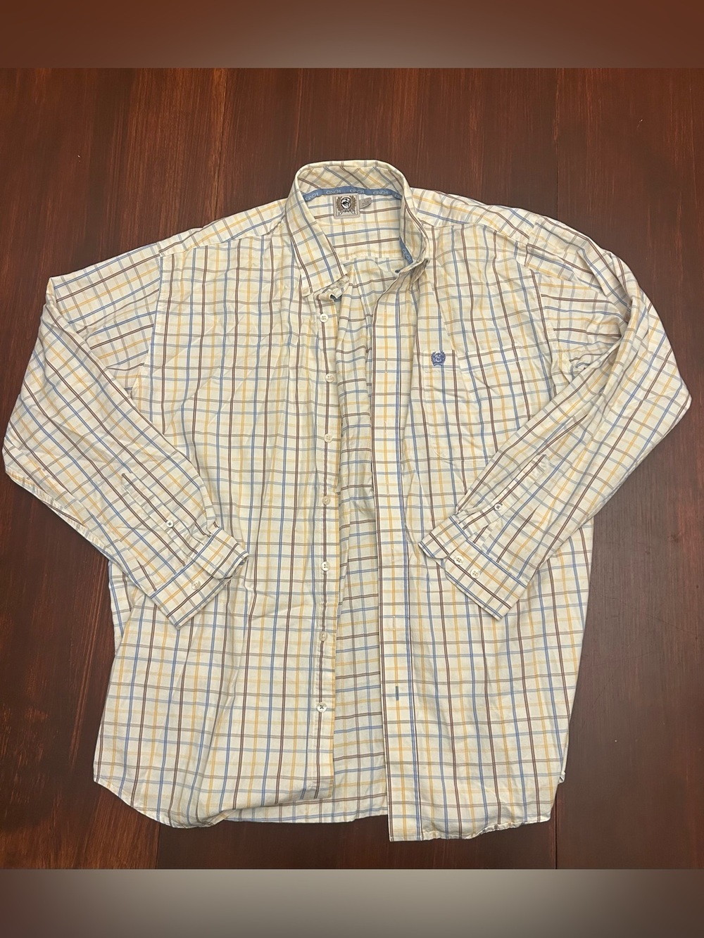 Cinch Men's L Plaid Button-Down Shirt in Light Blue Yellow and Tan